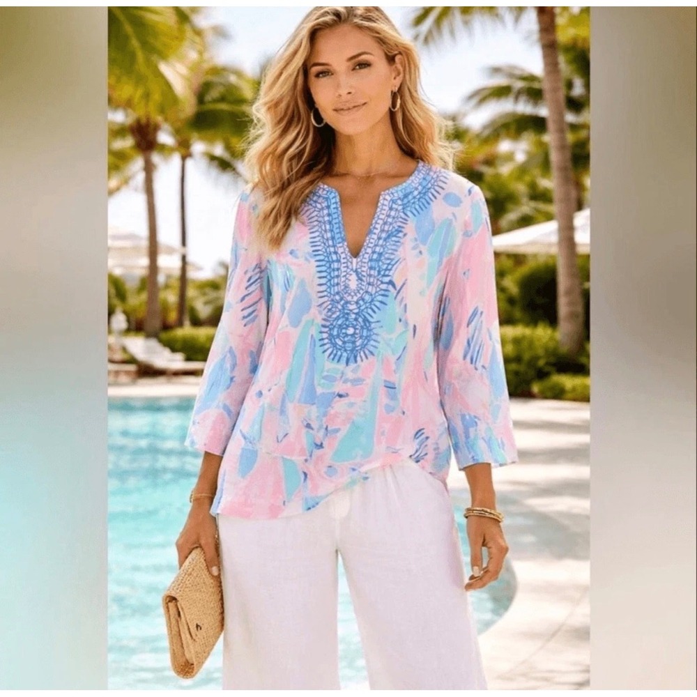Lilly Pulitzer Amelia Medium 100% Silk Blouse Tunic Top Pink Blue Abstract